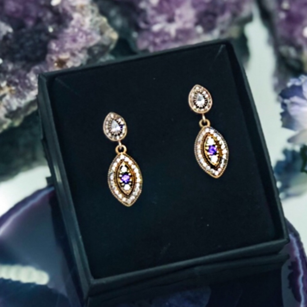 Genuine Amethyst & Topaz Drop Earrings Vintage Rustic Style